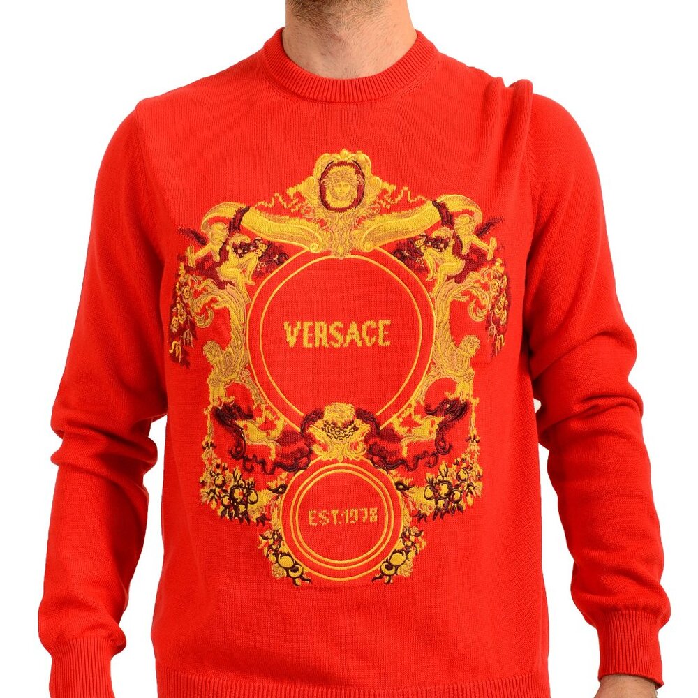 Versace Men's Red Heavy Knitted Crewneck Embellished Pullover Sweater US L IT 52
